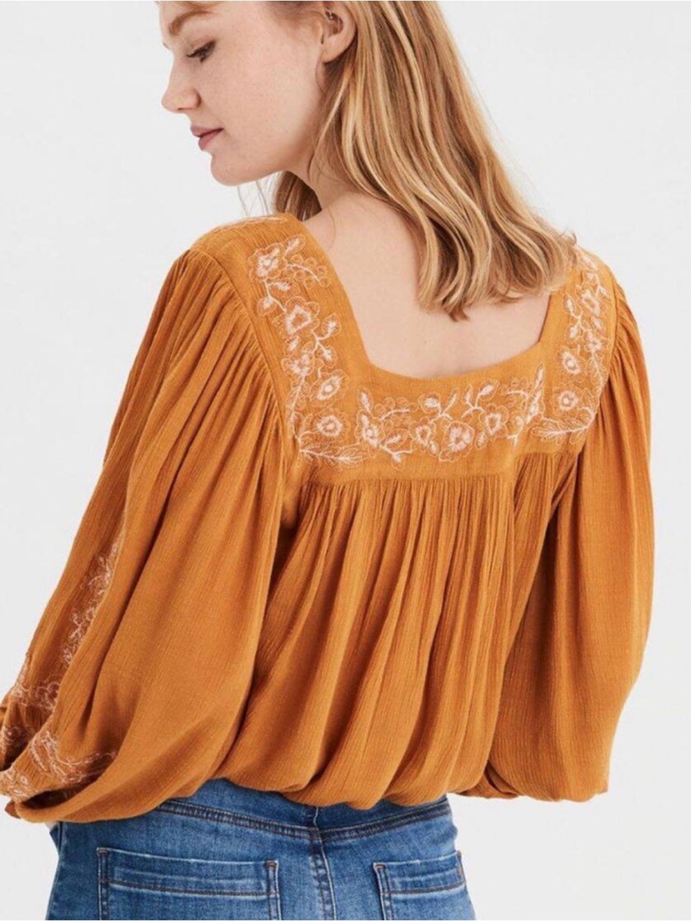 American Eagle Mustard Yellow Embroidered Square-Neck Blouse | Size XS